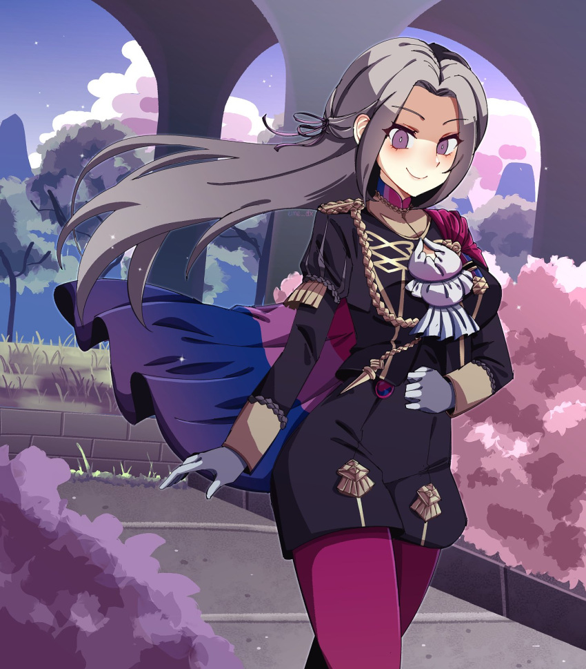 1girl, arch, artist_name, ascot, bisexual_flag, bush, cape, closed_mouth