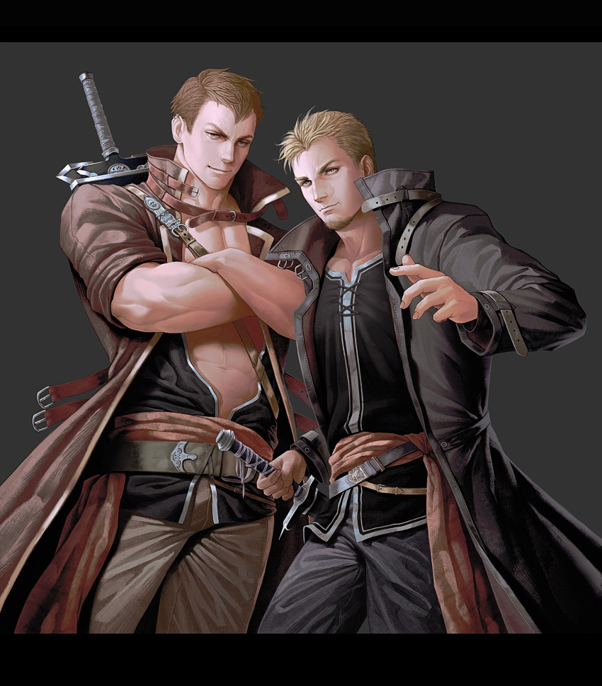 2boys, abs, bihu_(smallpot88), blonde_hair, brothers, brown_hair, closed_mouth, crossed_arms
