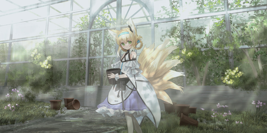 1girl, absurdres, animal_ear_fluff, animal_ears, aqua_hairband, arknights, bare_shoulders, blonde_hair