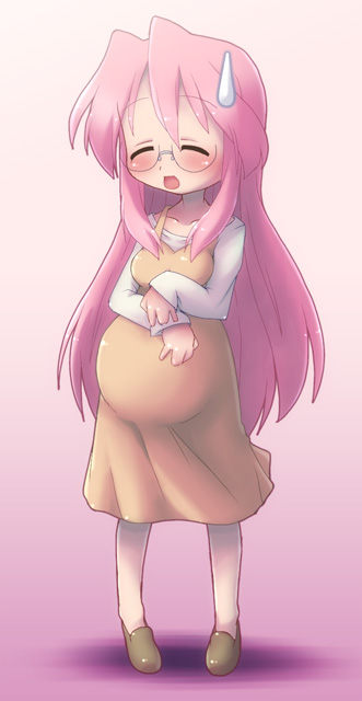 closed_eyes, glasses, long_hair, lucky_star, pink_hair, pregnant, solo, sweatdrop