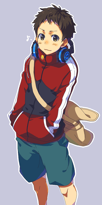 :3, bag, bigur, brown_eyes, brown_hair, hands_in_pockets, headphones, jacket