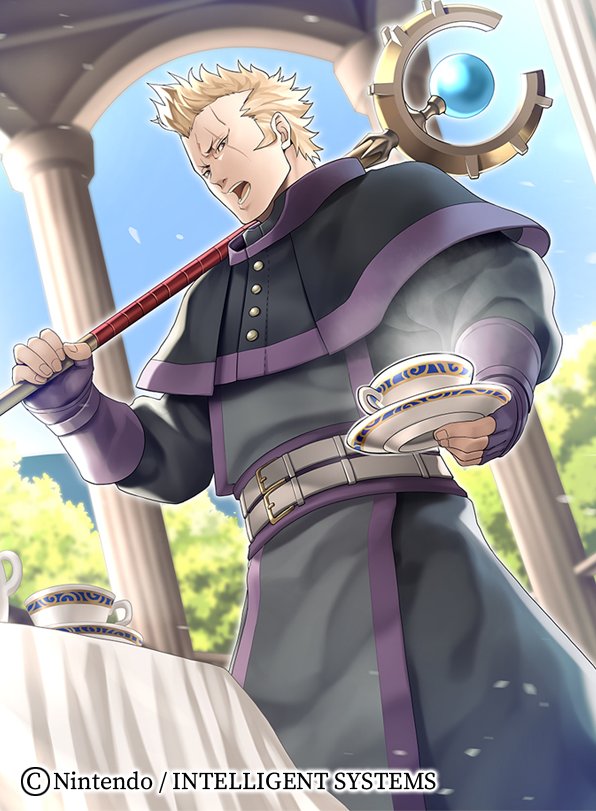 1boy, belt, blonde_hair, brady_(fire_emblem), cup, fire_emblem, fire_emblem_awakening, fire_emblem_cipher, holding, holding_cup, holding_staff, homa_kura, looking_away, official_art, open_mouth, pillar, scar, scar_across_eye, staff, table, teacup, tree, upper_body