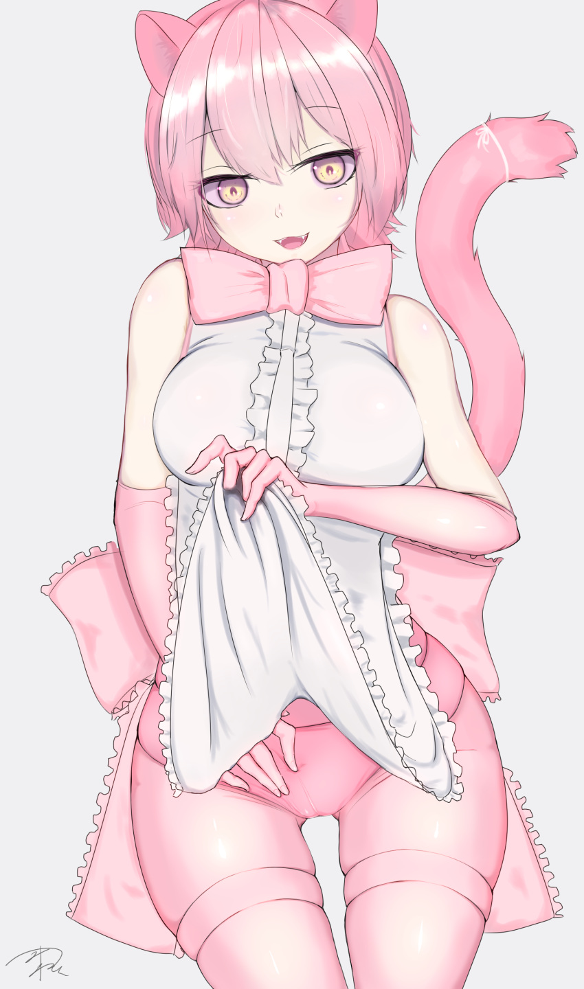 1girl, absurdres, animal_ears, apron, apron_lift, back_bow, bangs, bow