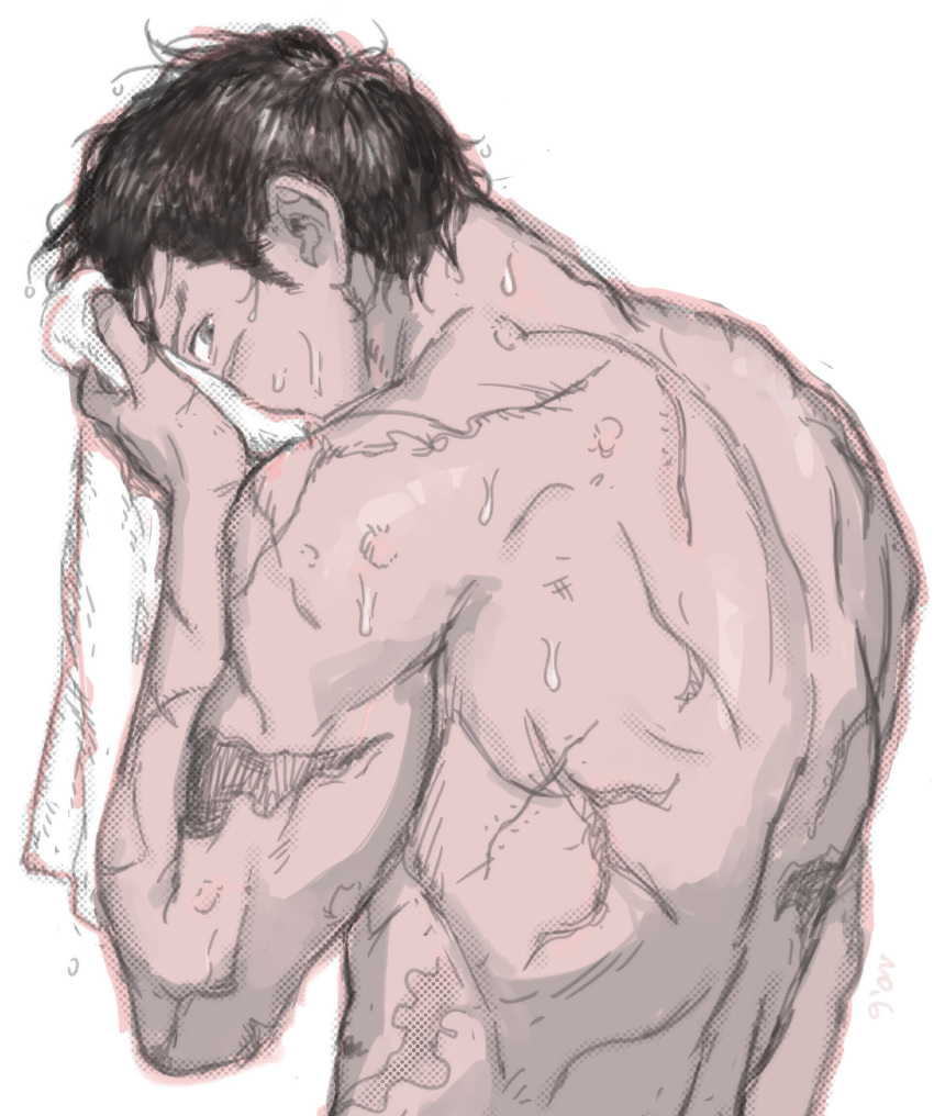 1boy, absurdres, black_hair, brown_eyes, fingernails, from_behind, golden_kamuy, halftone