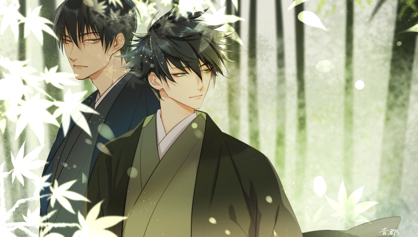 2496oyakodon, 2boys, bangs, black_hair, black_kimono, closed_mouth, falling_leaves, father_and_son, fushiguro_megumi, fushiguro_touji, green_eyes, green_kimono, hair_between_eyes, haori, japanese_clothes, jujutsu_kaisen, kimono, leaf, light_particles, looking_at_viewer, looking_away, male_focus, multiple_boys, scar, scar_on_face, short_hair, spiky_hair, tsurime, upper_body