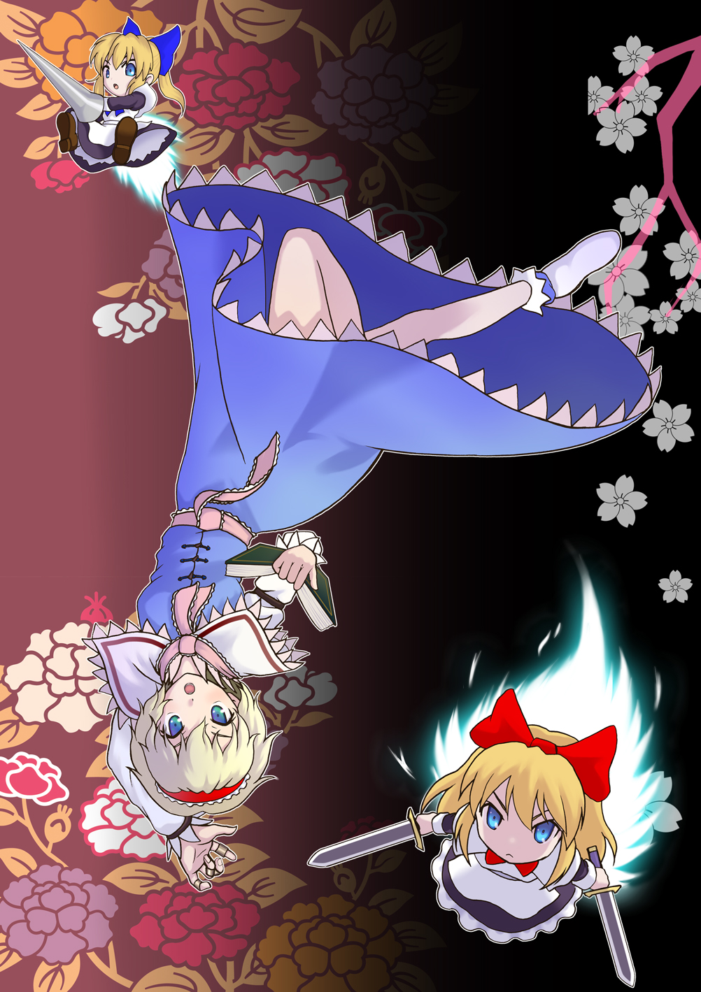 blonde_hair, blue_eyes, book, doll, dual_wielding, hair_ribbon, hairband, highres, hourai, hourai_doll, lance, might_shiganai, polearm, ribbon, shanghai, shanghai_doll, short_hair, sword, touhou, upside-down, weapon