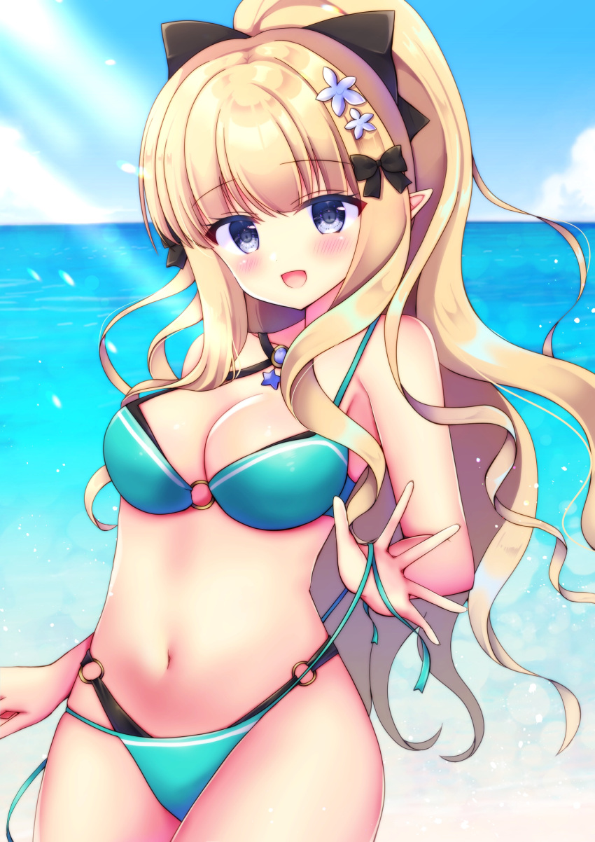 1girl, bangs, bikini, black_bow, blonde_hair, blue_eyes, blush, bow