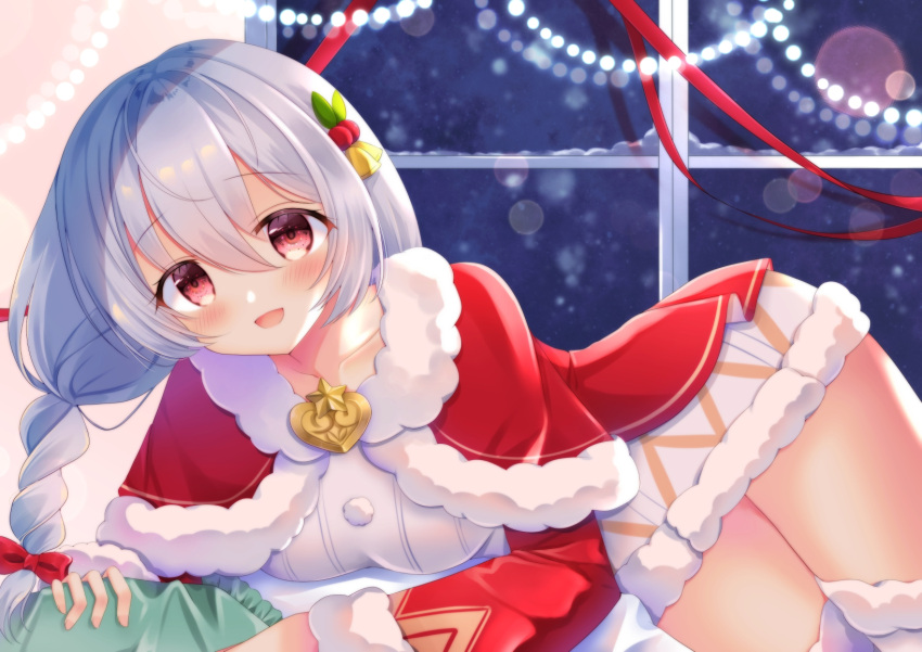 1girl, animal_ear_fluff, animal_ears, bangs, breasts, cat_ears, cat_girl, hair_between_eyes, highres, king's_raid, kirze, large_breasts, long_hair, looking_at_viewer, miwa_uni, red_eyes, silver_hair, solo