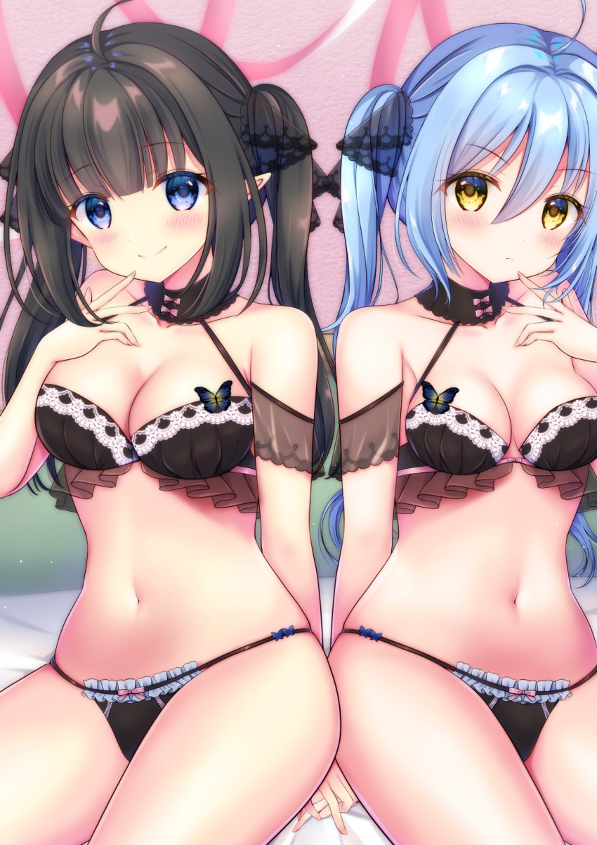2girls, ass, bangs, blonde_hair, blue_eyes, blush, bra, breasts, brown_hair, highres, king's_raid, large_breasts, looking_at_viewer, mirianne_(king's_raid), miwa_uni, multiple_girls, navel, open_mouth, panties, seria_(king's_raid), shirt, short_hair, skirt, smile, solo, thigh-highs, underwear, white_panties
