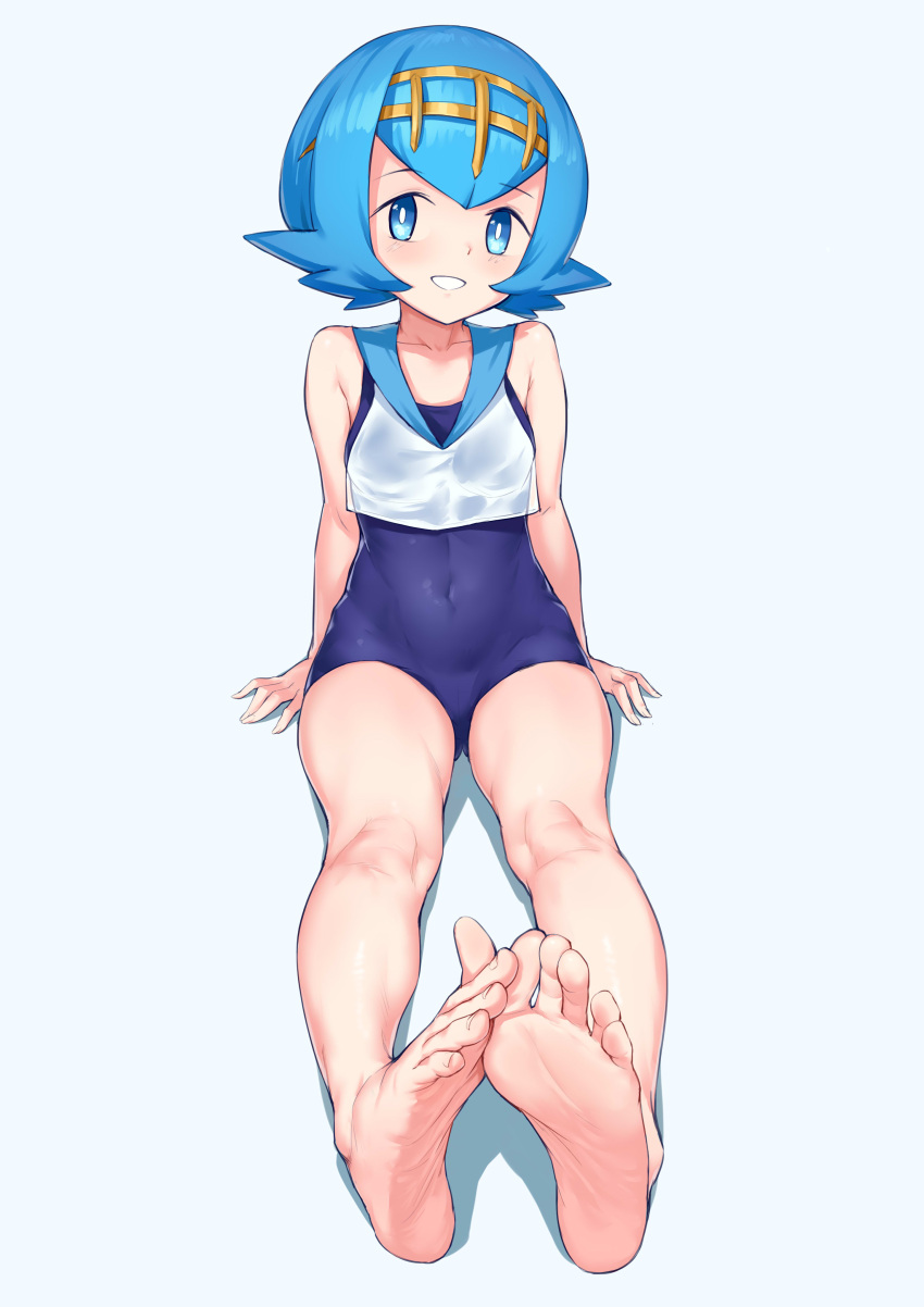 1girl, absurdres, aomoro, bangs, bare_arms, barefoot, blue_eyes, blue_hair