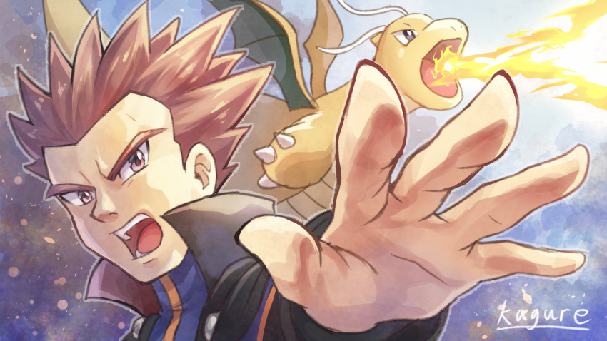 1boy, blue_jacket, cape, commentary_request, dragonite, fire, gen_1_pokemon, highres, jacket, kagure_(karaguren), lance_(pokemon), looking_at_viewer, male_focus, open_mouth, orange_hair, outline, pokemon, pokemon_(creature), pokemon_(game), pokemon_hgss, popped_collar, signature, spiky_hair, teeth, tongue, upper_body