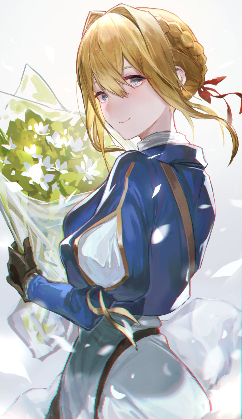 1girl, absurdres, bangs, blonde_hair, blue_eyes, blue_jacket, bouquet, braid