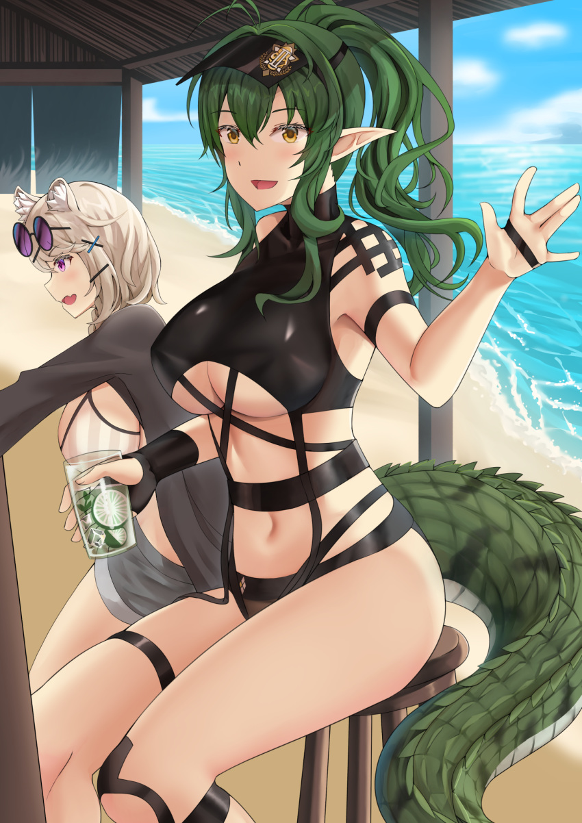 2girls, :d, animal_ear_fluff, animal_ears, antenna_hair, arknights, bangs, beach
