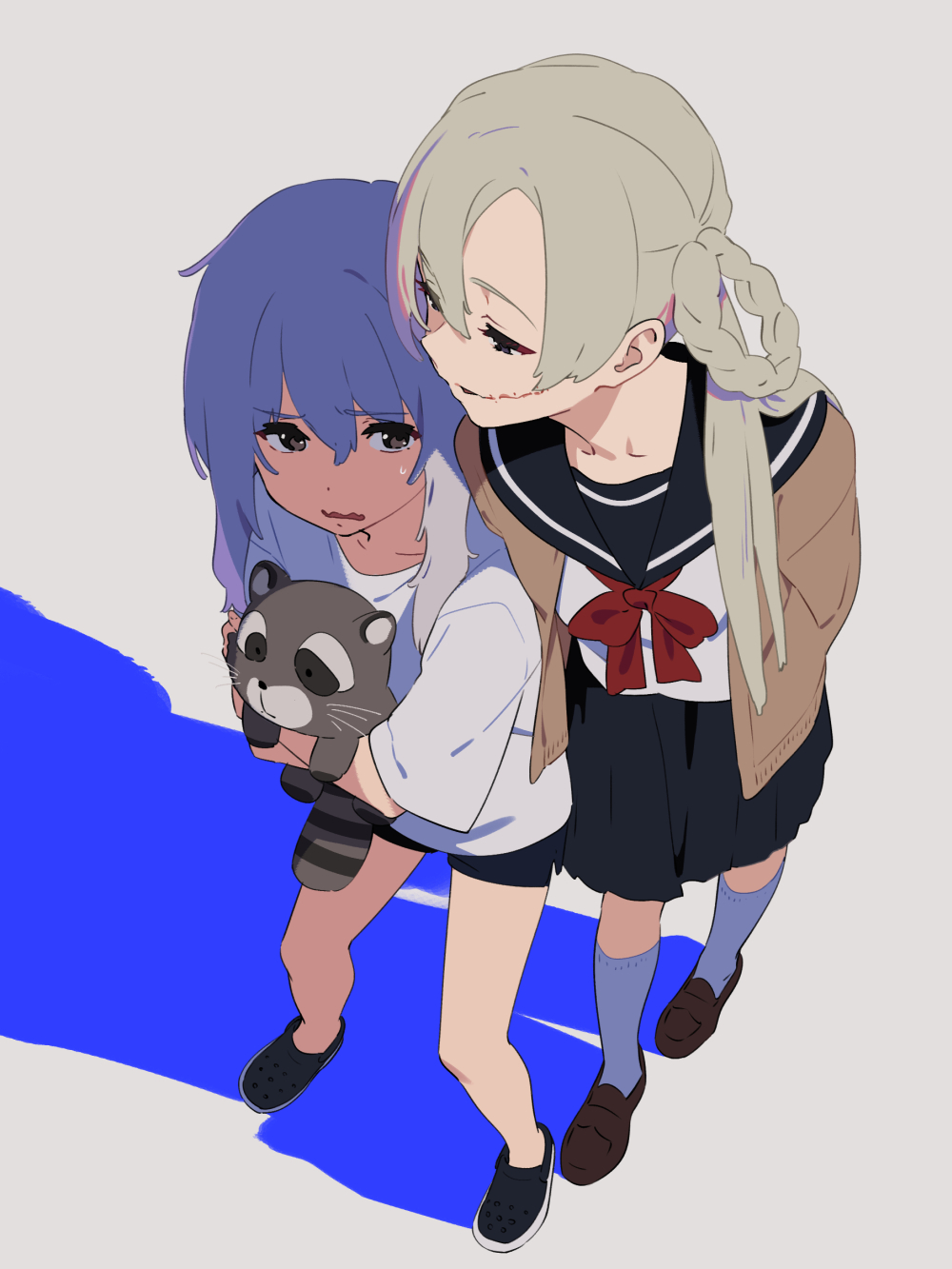 2girls, braid, doll_hug, highres, kamo_kamen, kneehighs, kozakura_(urasekai_picnic), light, looking_at_another, multiple_girls, scar, scar_on_face, school_uniform, shadow, standing, stitched_face, urasekai_picnic, urumi_luna