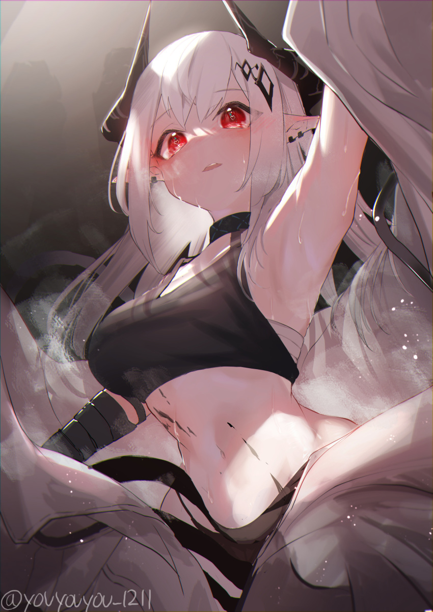 1girl, absurdres, arknights, arm_up, armpits, artist_name, bangs, bare_shoulders