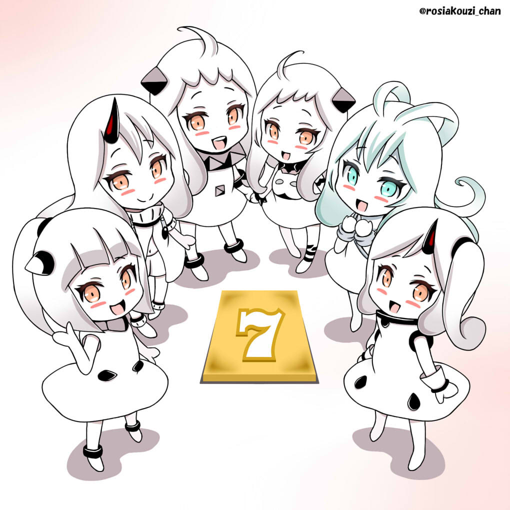 4girls, abyssal_ship, ahoge, anklet, aqua_eyes, blush_stickers, collar, colored_skin, dress, escort_princess, horns, jewelry, kantai_collection, long_hair, mittens, multiple_girls, navel, new_submarine_princess, northeastern_ocean_princess_(roshiakouji-chan), northern_little_sister, northern_ocean_princess, northern_sea_princess_(roshiakouji-chan), one_side_up, open_mouth, orange_eyes, ponytail, roshiakouji-chan, shorts, single_horn, smile, spiked_collar, spikes, twitter_username, white_dress, white_hair, white_skin