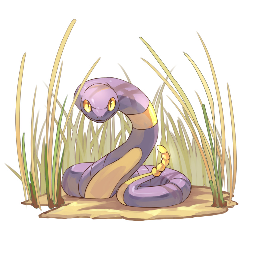 commentary_request, dlitw, ekans, full_body, gen_1_pokemon, grass, highres, looking_at_viewer, no_humans, pokemon, pokemon_(creature), shiny, shiny_skin, snake, solo, white_background, yellow_eyes
