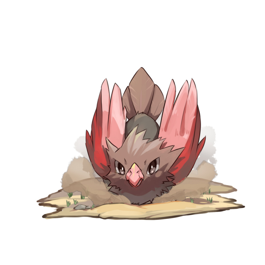 bird, bright_pupils, brown_eyes, closed_mouth, commentary_request, dlitw, dust, full_body, gen_1_pokemon, grass, highres, no_humans, pokemon, pokemon_(creature), rock, spearow, white_background, white_pupils