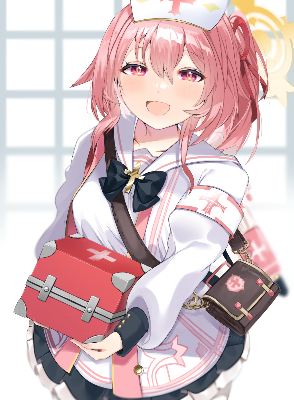 1girl, armband, blue_archive, blush, box, collarbone, commentary_request, halo