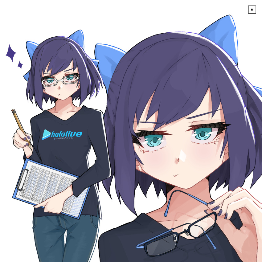 absurdres, clipboard, flat_chest, glasses, highres, holding, hololive, long_sleeves