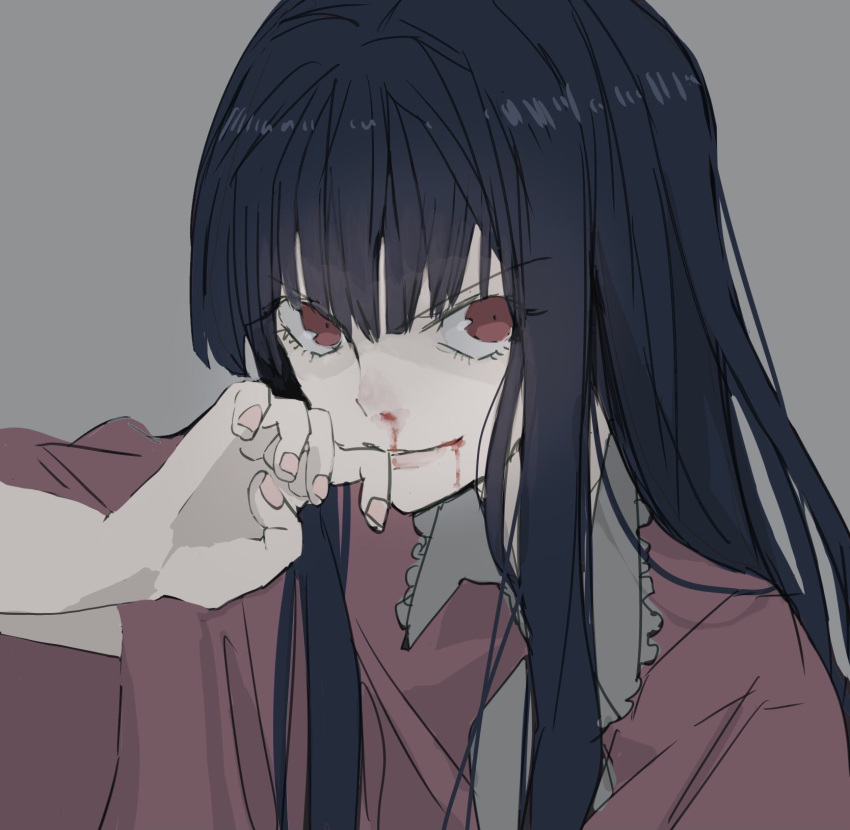 1girl, angry, bangs, black_hair, blood, bloody_mouth, bloody_nose, close-up