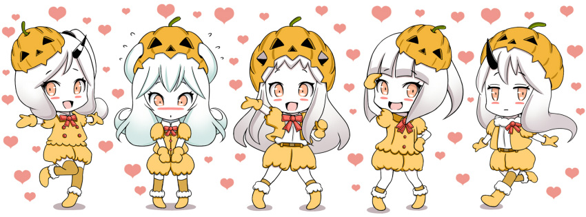 5girls, abyssal_ship, bangs, blunt_bangs, blush, blush_stickers, colored_skin, escort_princess, halloween_costume, heart, heart_background, highres, horns, jack-o'-lantern, kantai_collection, mittens, multiple_girls, new_submarine_princess, northeastern_ocean_princess_(roshiakouji-chan), northern_ocean_princess, northern_sea_princess_(roshiakouji-chan), one_side_up, open_mouth, orange_eyes, orange_mittens, orange_shorts, roshiakouji-chan, shorts, single_horn, smile, standing, standing_on_one_leg, thigh-highs, tilted_headwear, white_hair, white_skin
