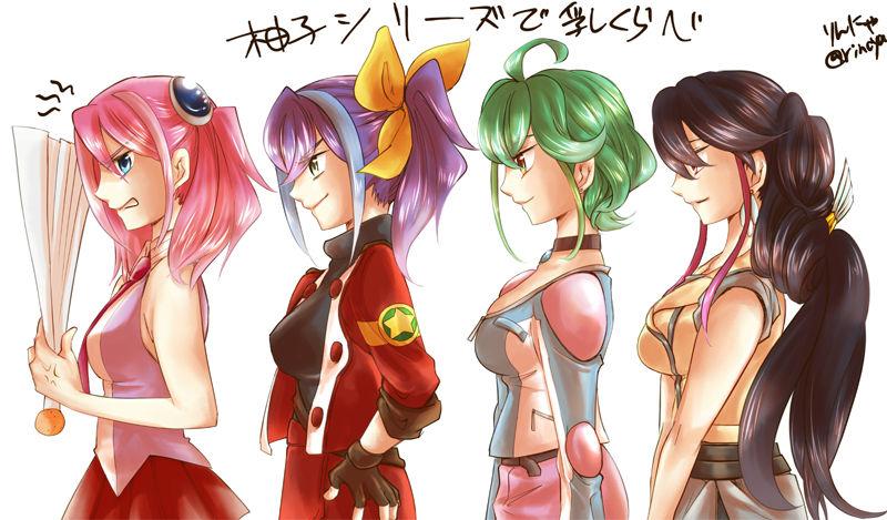 4girls, ahoge, blue_eyes, blue_hair, blush, bracelet_girls, choker, earrings