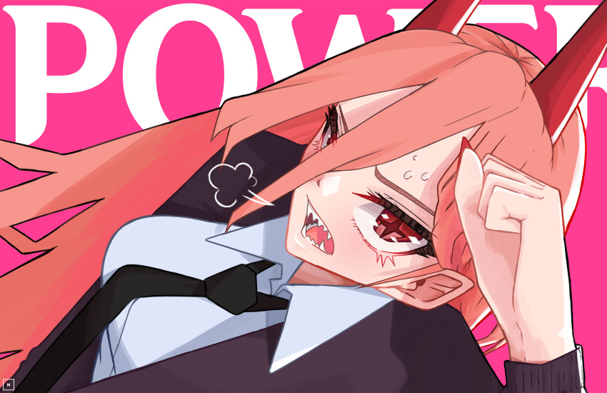 1girl, absurdres, breasts, chainsaw_man, dress_shirt, hair_between_eyes, highres, horns
