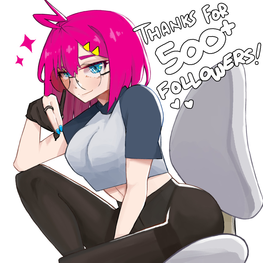 blue_eyes, glasses, highres, holding, looking_at_viewer, navel, nicosarea, pantyhose