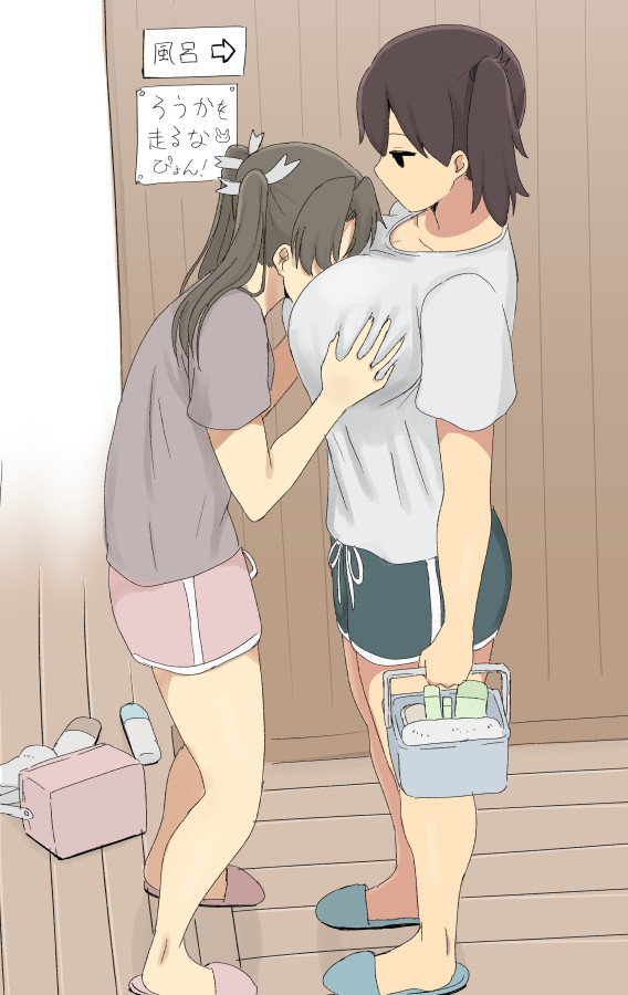 2girls, breast_grab, breasts, brown_hair, face_to_breasts, from_side, grabbing, grey_shirt