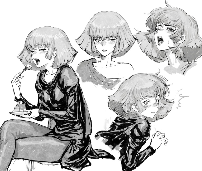 1girl, bangs, blush, breasts, cake, collarbone, cropped_torso, eating