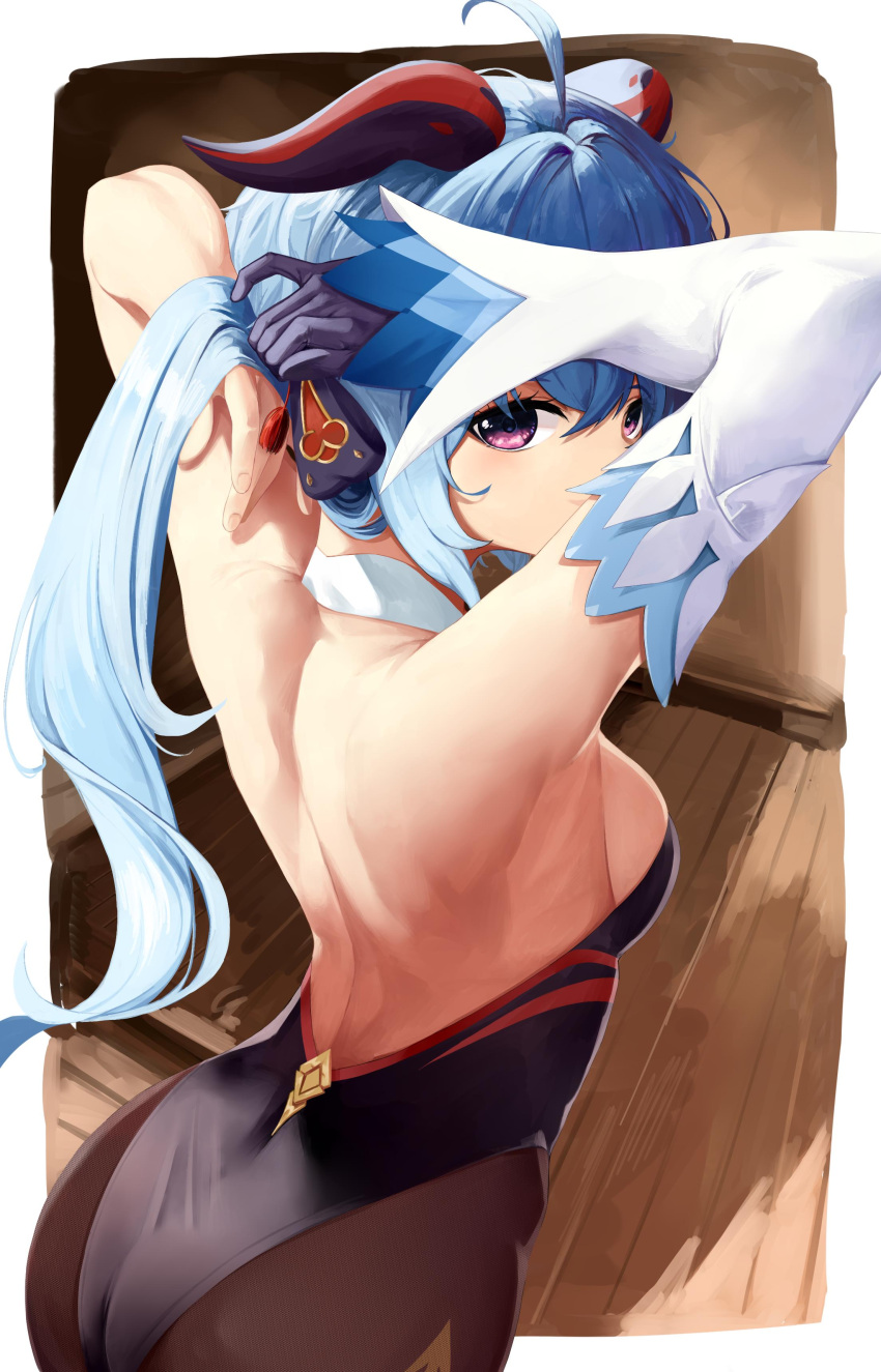 1girl, absurdres, adjusting_hair, ahoge, armpits, ass, back, backless_leotard