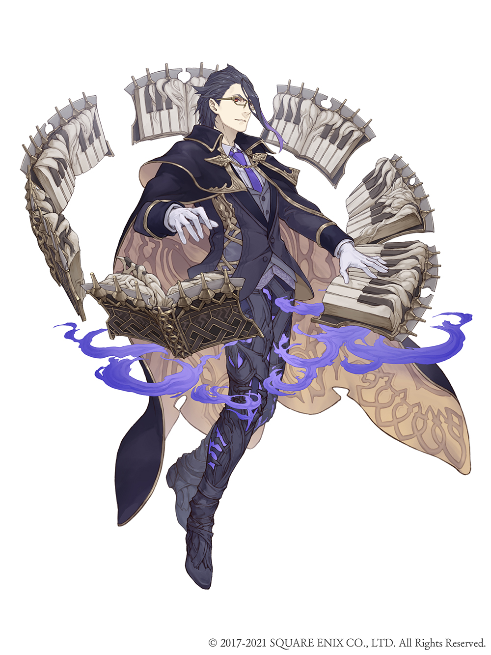 1boy, book, cloak, dark_blue_hair, formal, full_body, glasses, gloves, gold_trim, gradient_hair, hair_slicked_back, hameln_(sinoalice), highres, instrument, ji_no, looking_at_viewer, multicolored_hair, necktie, official_art, piano, purple_hair, red_eyes, sinoalice, solo, square_enix, suit, white_background, white_gloves