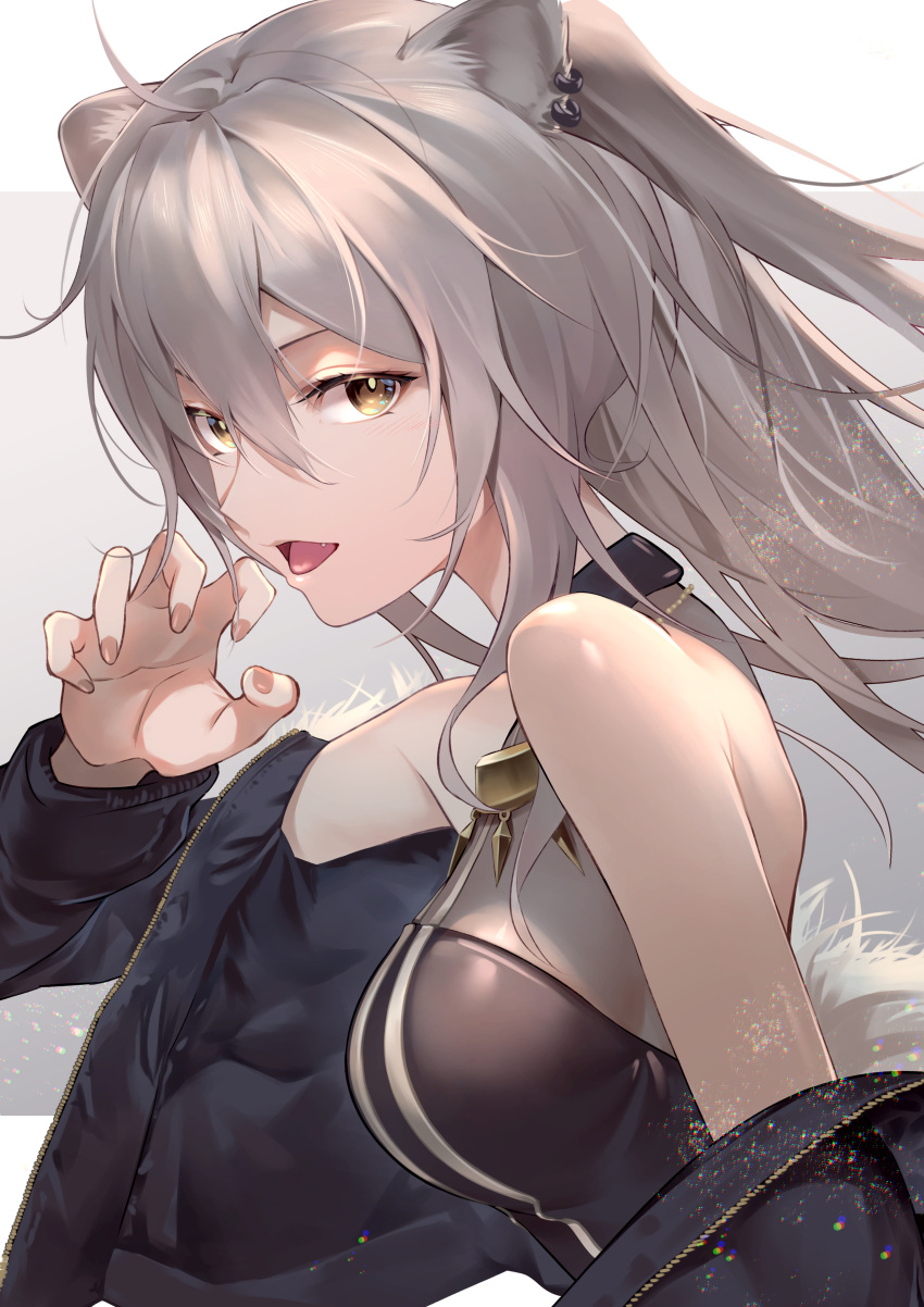 1girl, absurdres, ahoge, animal_ears, bangs, bare_shoulders, black_jacket, black_shirt