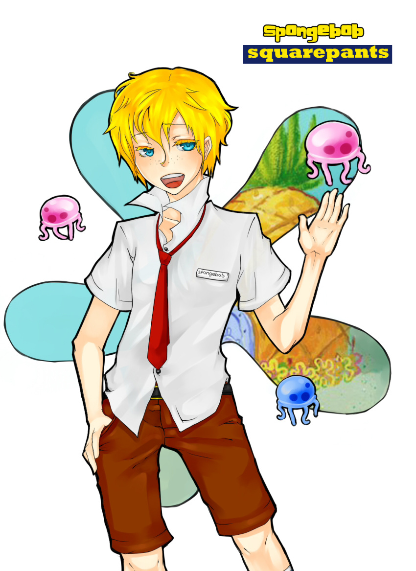 belt, blonde_hair, brown_shorts, human, jelly_fish, name_tag, nickelodeon, red_tie