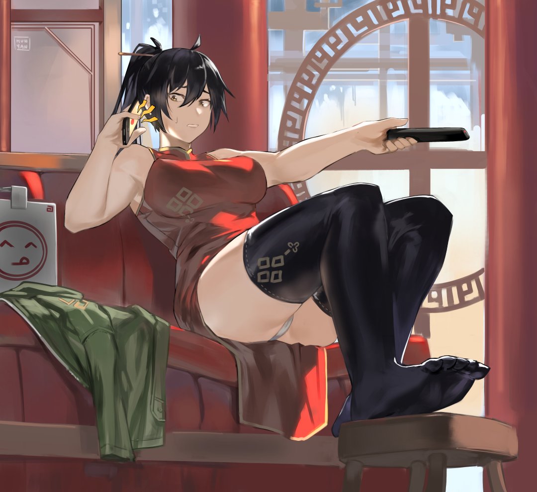 1girl, ahoge, black_hair, breasts, brown_eyes, cellphone, china_dress, chinese_clothes