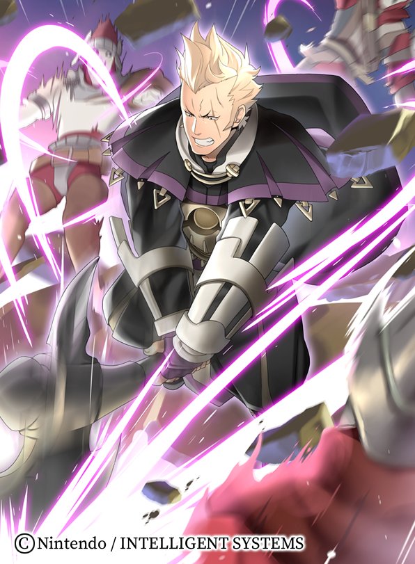 armor, attack, axe, blonde_hair, brady_(fire_emblem), debris, fire_emblem, fire_emblem_awakening, fire_emblem_cipher, gauntlets, helmet, holding, holding_axe, holding_weapon, homa_kura, looking_down, open_mouth, rock, scar, scar_across_eye, teeth, weapon
