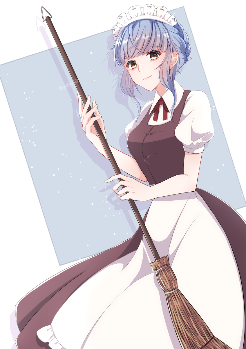 1girl, alternate_costume, apron, bags_under_eyes, bangs, blue_hair, braid, breasts