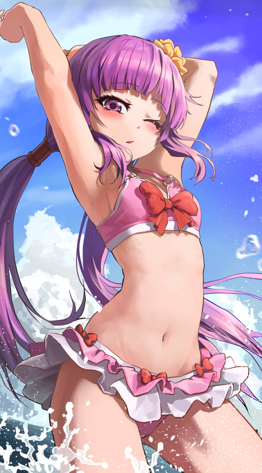 1girl, arched_back, armpits, arms_up, bare_arms, bare_shoulders, bikini, bikini_skirt
