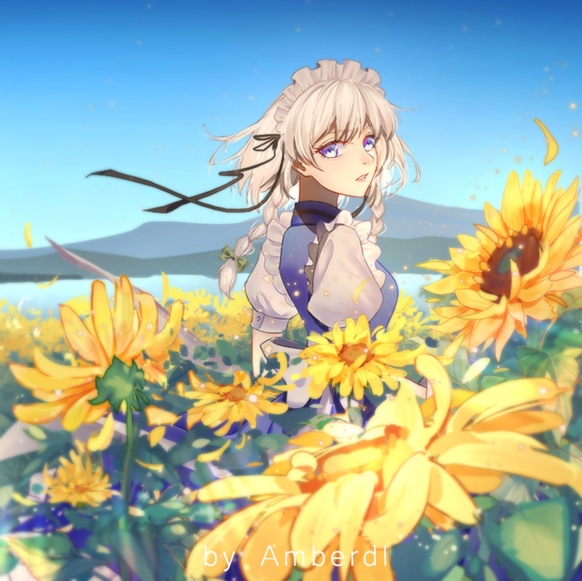 1girl, amberdl, apron, artist_name, black_ribbon, blue_dress, blue_eyes, bow