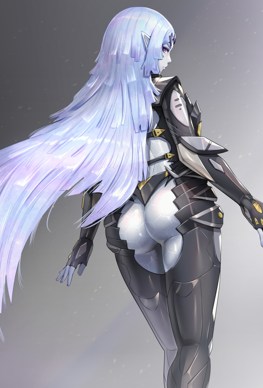 1girl, ass, duplicate, elma_(true_form)_(xenoblade_x), elma_(xenoblade_x), feet_out_of_frame, fingerless_gloves, from_behind, gloves, gonzarez, gradient, gradient_background, grey_background, highres, light_blue_hair, long_hair, pointy_ears, solo, very_long_hair, xenoblade_chronicles_(series), xenoblade_chronicles_x