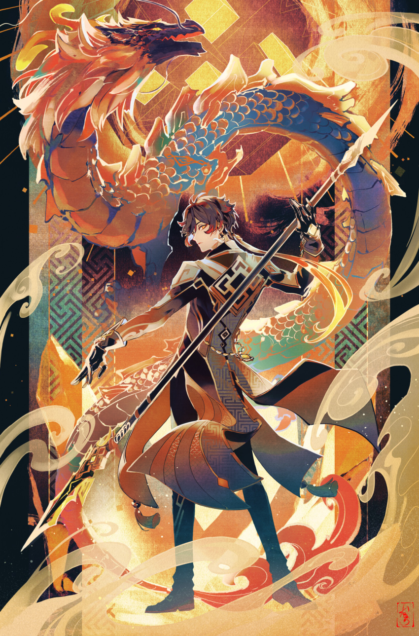 1boy, bangs, black_gloves, black_hair, brown_hair, closed_mouth, dragon, earrings, formal, fur, furred_dragon, genshin_impact, gloves, hair_between_eyes, highres, holding, holding_weapon, horns, jacket, jewelry, long_hair, long_sleeves, looking_at_viewer, looking_back, male_focus, meteor, multicolored_hair, nanora_(sero4), polearm, ponytail, rex_lapis_(genshin_impact), scales, single_earring, smoke, solo, spear, suit, tassel, tassel_earrings, weapon, whiskers, yellow_eyes, zhongli_(genshin_impact)