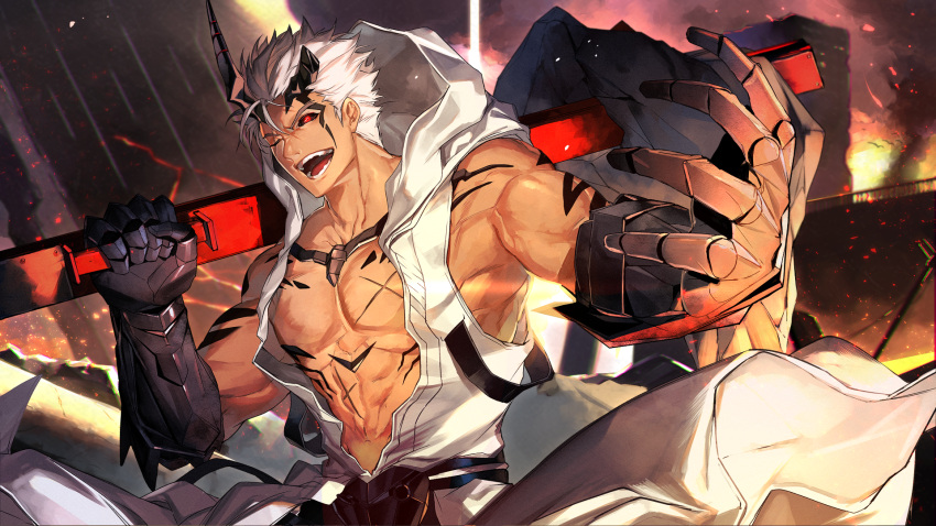 1boy, bare_pectorals, black_horns, black_sclera, broken_horn, coat, colored_sclera, commentary_request