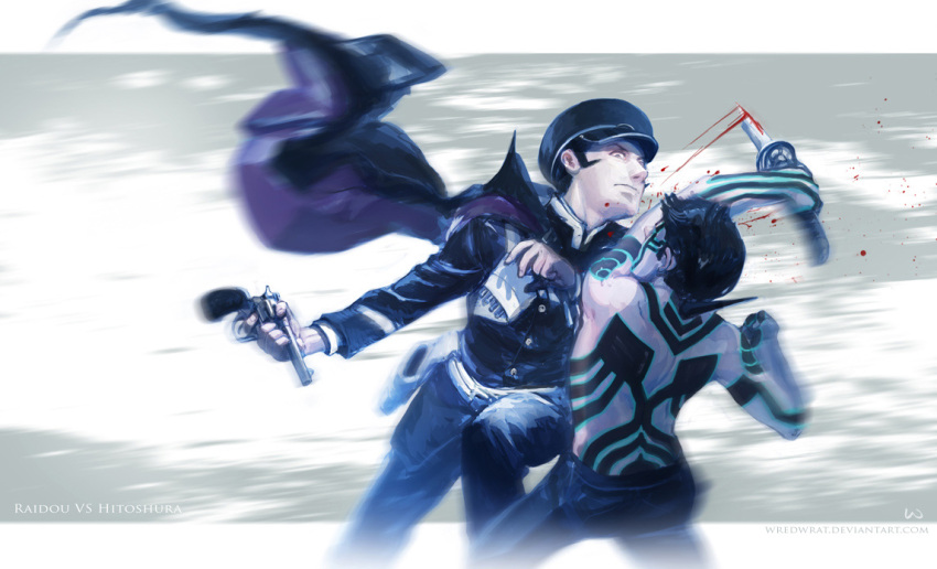 2boys, abs, black_hair, blood, brown_hair, cape, carolyn_gan, crossover