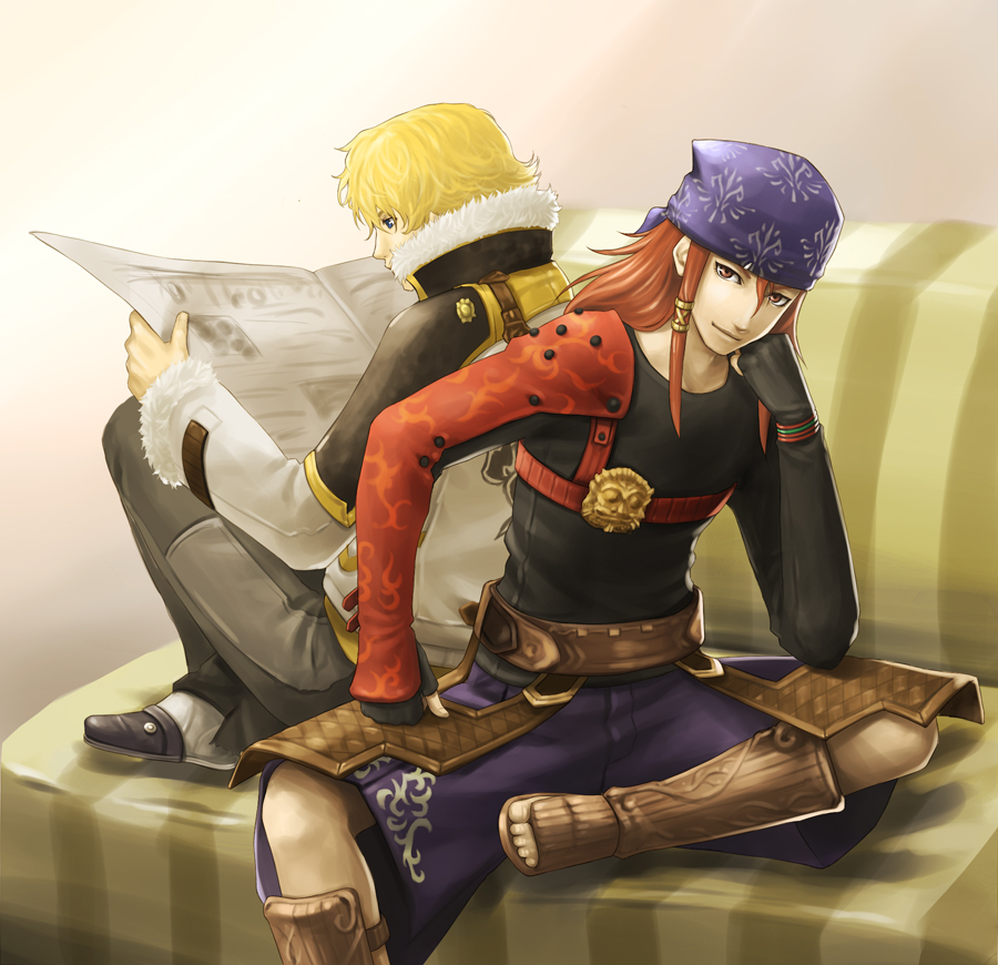 bandana, blonde_hair, final_fantasy, final_fantasy_crystal_chronicles_the_crystal_bearers, keiss, layle, meno_(pixiv), red_hair