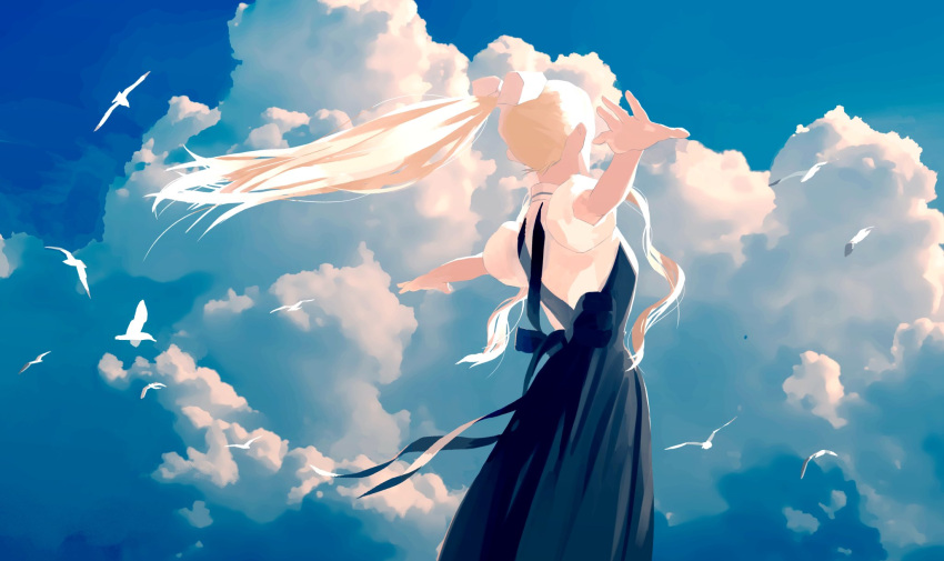 1girl, air, backless_outfit, black_dress, blonde_hair, blue_sky, bow, clouds