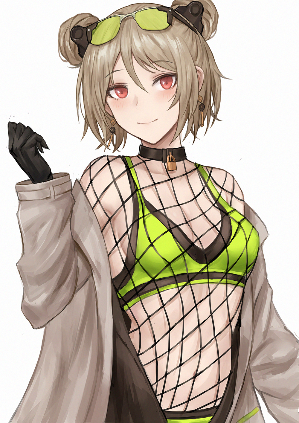1girl, alternate_costume, bare_shoulders, black_choker, black_gloves, breasts, brown_hair, choker