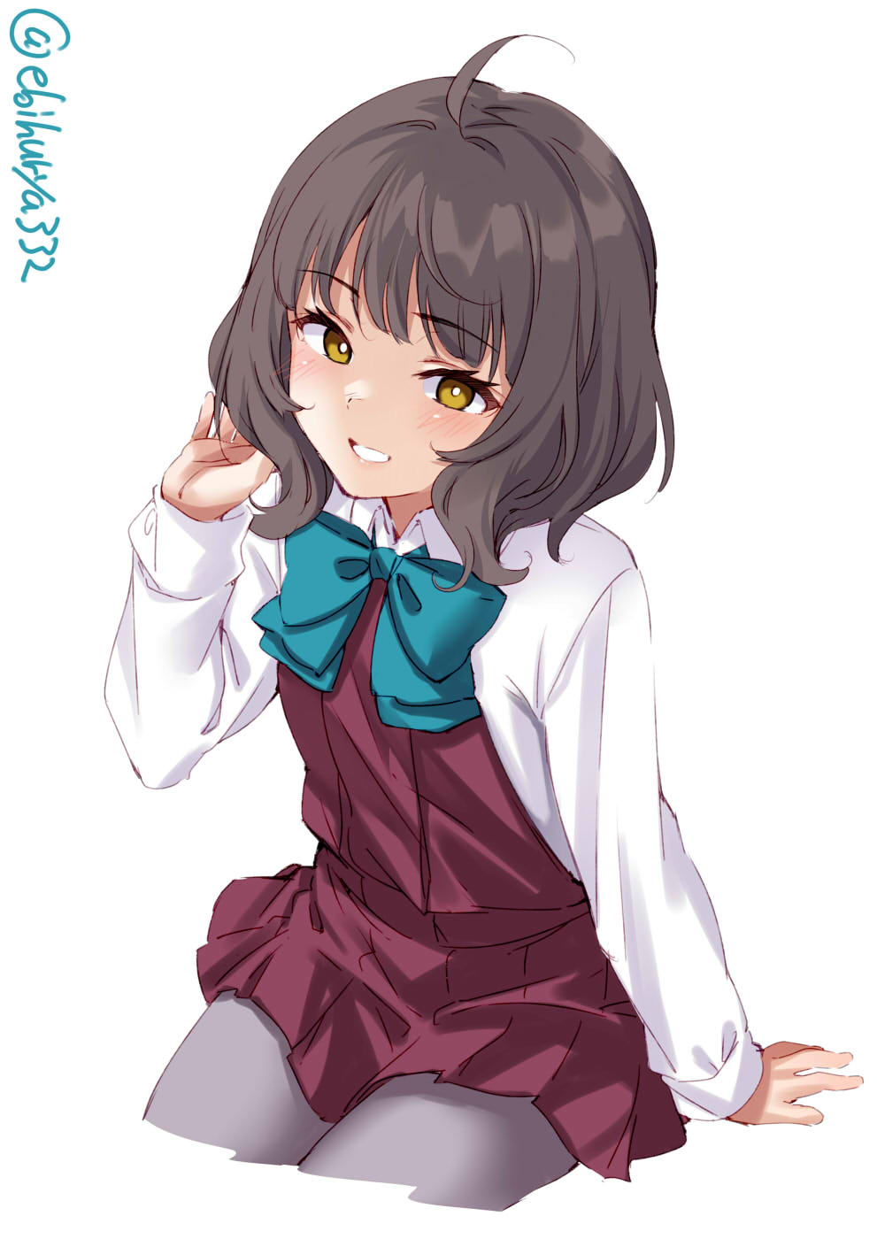 1girl, ahoge, bangs, blue_neckwear, blunt_bangs, blush, bow, bowtie