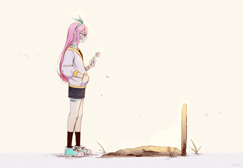 1girl, absurdres, aqua_eyes, aqua_footwear, aqua_hairband, artist_name, aubrey_(omori), bandaged_arm