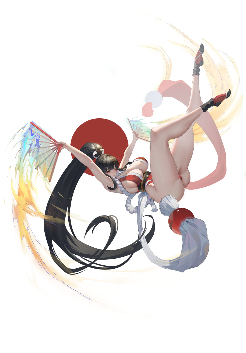 1girl, absurdres, akiak1, armpits, ass, bangs, bare_arms, bare_shoulders, breasts, brown_eyes, brown_hair, closed_mouth, dual_wielding, fan, fatal_fury, fire, full_body, high_ponytail, highleg, highleg_panties, highres, holding, japanese_clothes, large_breasts, lips, long_hair, ninja, panties, ponytail, red_panties, revealing_clothes, rope, shiny, shiny_hair, shiranui_mai, simple_background, sleeveless, smile, solo, tabi, the_king_of_fighters, thighs, tied_hair, underwear